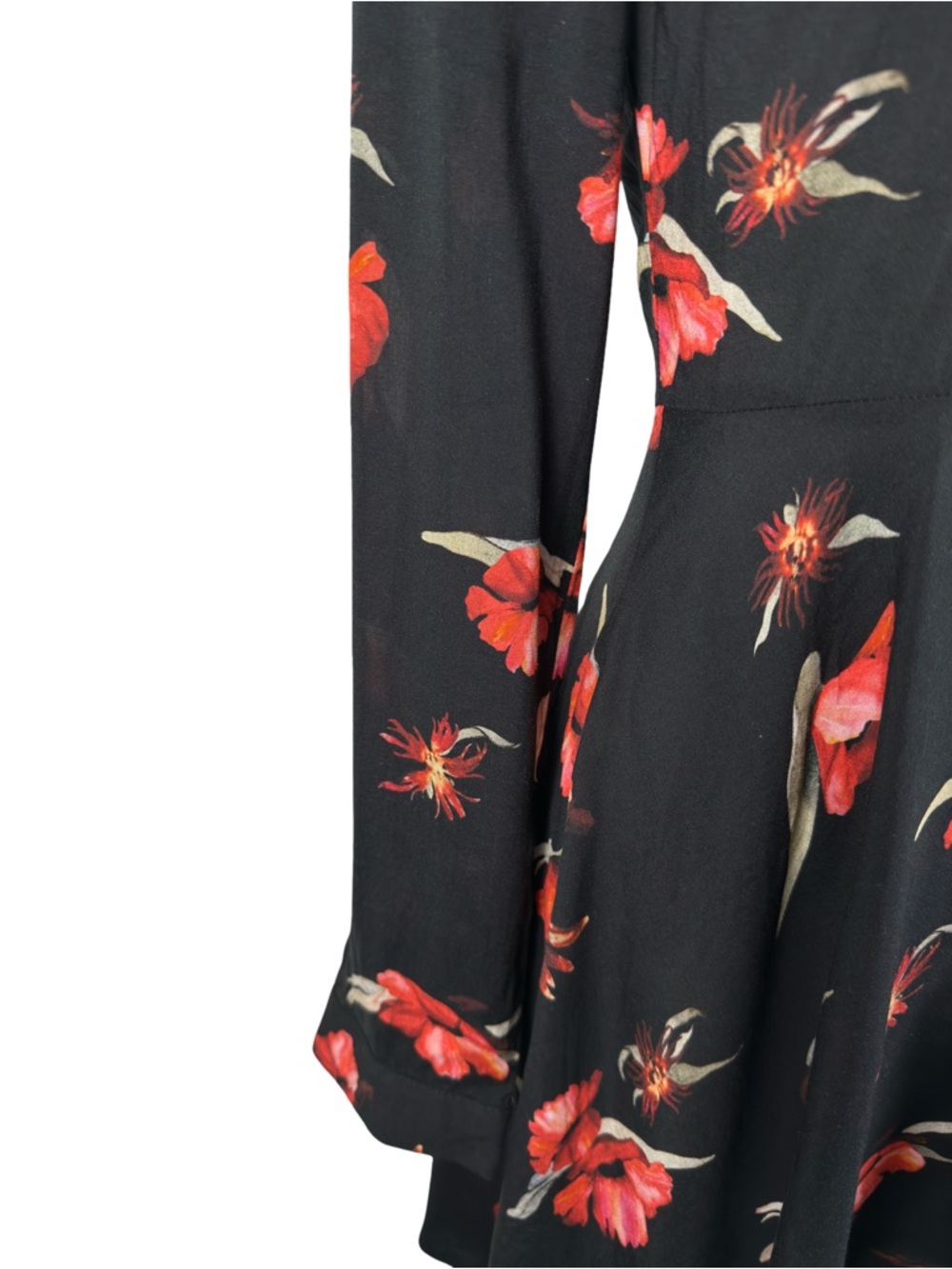 Zara Dolly Black & Red Poppies Dress Fit and Flare Long Sleeve Shirt Dress XS - Picture 7 of 12